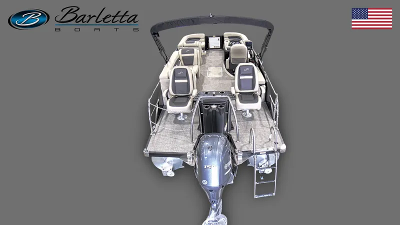 Slide: The Image of 2023 Barletta C22CC pontoon boat with seating, motor, and canopy, displayed on a gray background. - 2