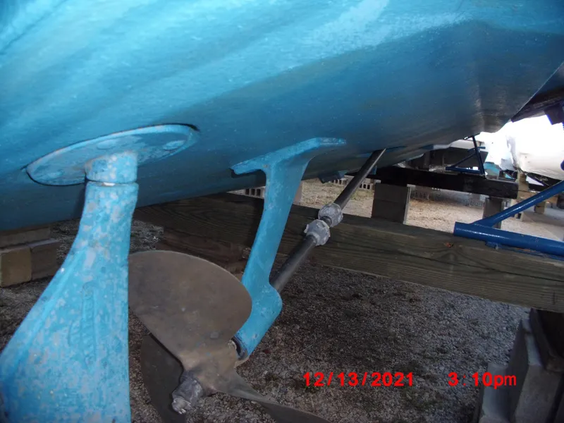Slide: The Image of Close-up of 1980 Bertram 28 Flybridge Cruiser propeller and shaft. - 34