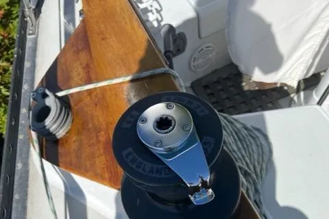 Slide: The Image of Close-up of a 1979 Palmer Johnson New York 40 Sloop deck with winch and ropes. - 48