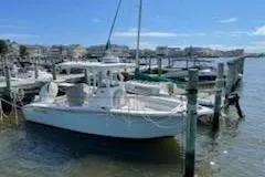 Slide: The Image of 2019 Sea Pro 239 Center Console boat docked at a marina under a clear blue sky. - 28