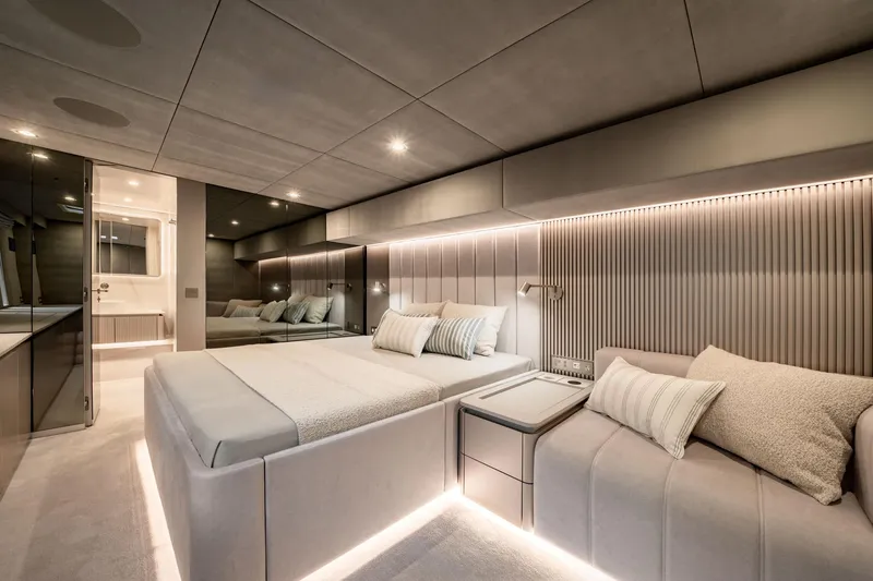 Slide: The Image of Luxurious interior of 2025 Sunreef 80 yacht with modern bedroom design. - 46