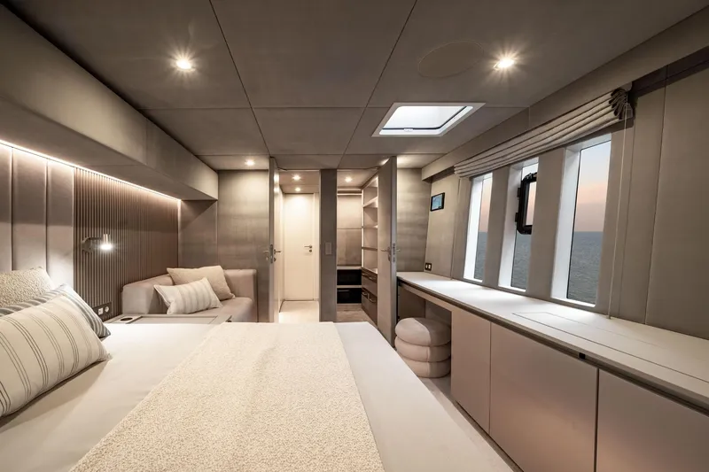 Slide: The Image of Luxurious interior of 2025 Sunreef 80 yacht with modern bedroom design and ocean view. - 47