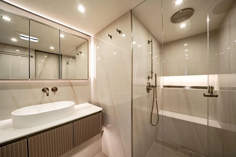 Slide: The Image of Luxurious bathroom in 2025 Sunreef 80 yacht with modern fixtures and glass shower. - 48