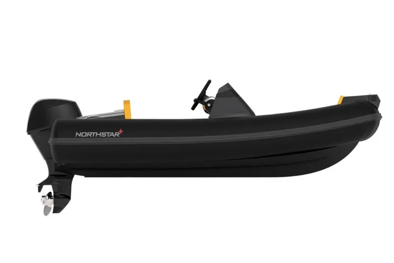 Slide: The Image of 2021 Northstar Axis 3.1 inflatable boat, side view, black color, with outboard motor. - 9