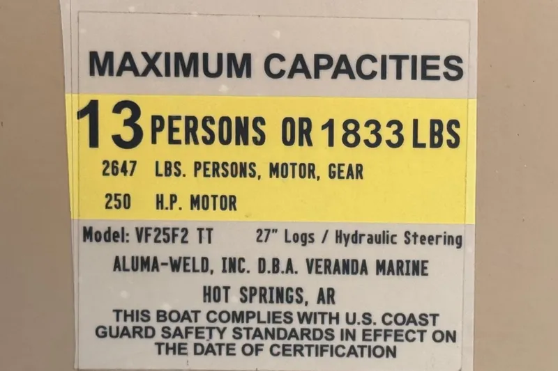 Slide: The Image of 2019 Veranda VF25F2 boat capacity label, 13 persons or 1833 lbs, 250 HP motor. - 31