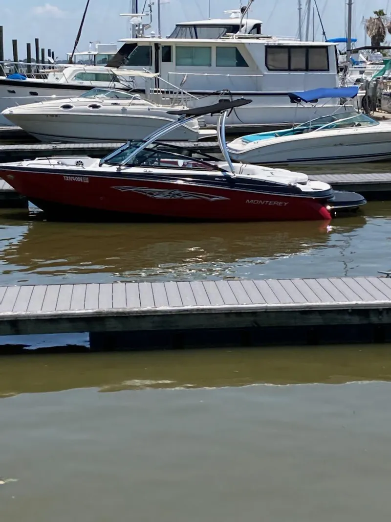 Slide: The Image of 2015 Monterey 224FSX boat docked at a marina. - 1