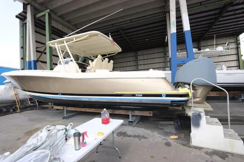 Slide: The Image of 2017 Chris-Craft 35 Catalina boat in dry dock, side view. - 15