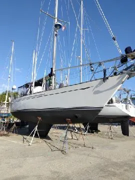 Slide: The Image of 1988 Tayana 52 sailboat on dry dock for maintenance. - 25