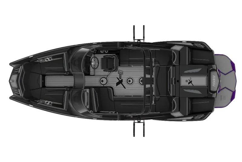 Slide: The Image of 2023 MasterCraft XStar S Piranha boat, top view, sleek black design. - 11