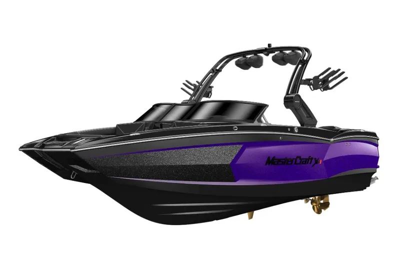 Slide: The Image of 2023 MasterCraft XStar S Piranha boat, black and purple, side view. - 2