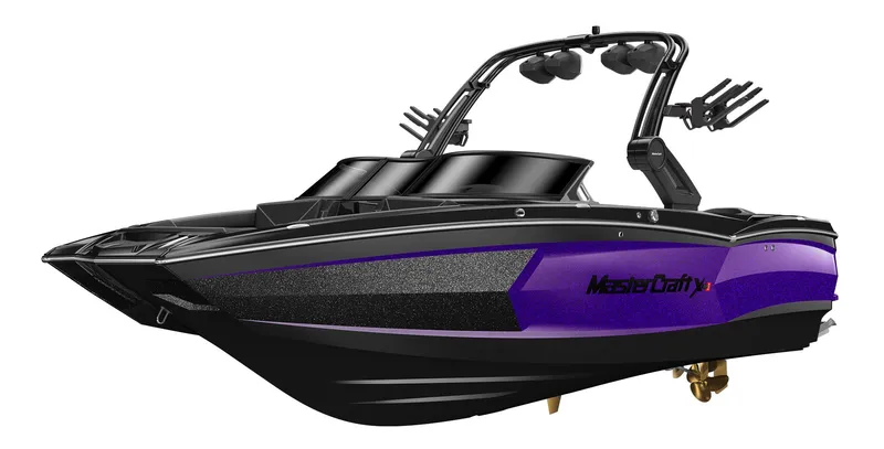 Slide: The Image of 2023 MasterCraft XStar S Piranha boat, black and purple, side view. - 3