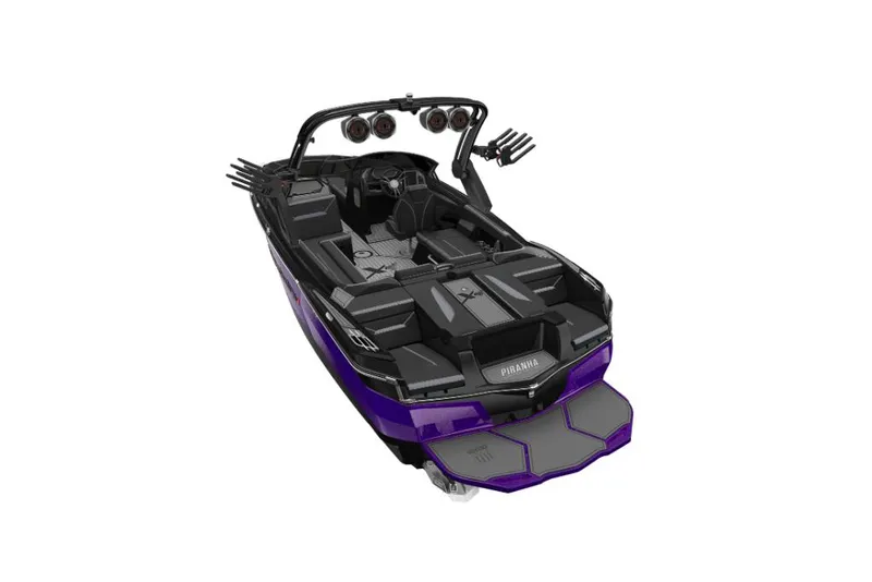 Slide: The Image of 2023 MasterCraft XStar S Piranha boat, black and purple, rear view. - 4