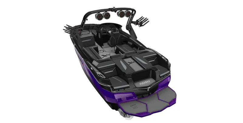 Slide: The Image of 2023 MasterCraft XStar S Piranha boat, rear view, black and purple design. - 5