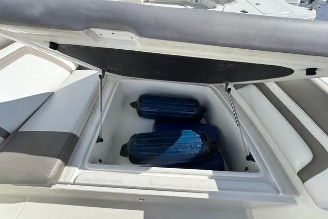 Slide: The Image of Storage compartment on 2019 World Cat 320 DC boat with blue fenders inside. - 39