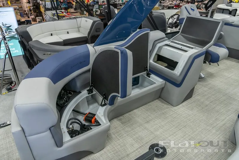 Slide: The Image of 2022 South Bay 525 RS 3.0 Arch 250HP pontoon boat with open storage compartments. - 28
