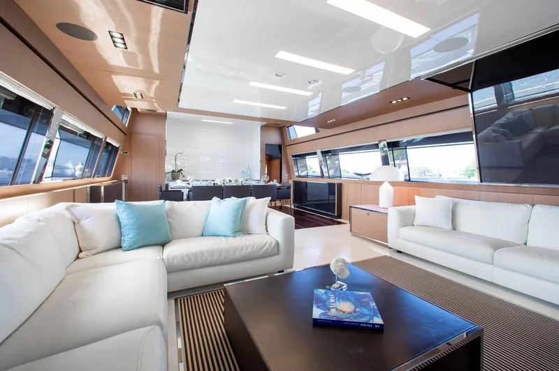 Slide: The Image of Luxurious interior of 2014 Riva Mythos Motoryacht with modern furnishings and large windows. - 46