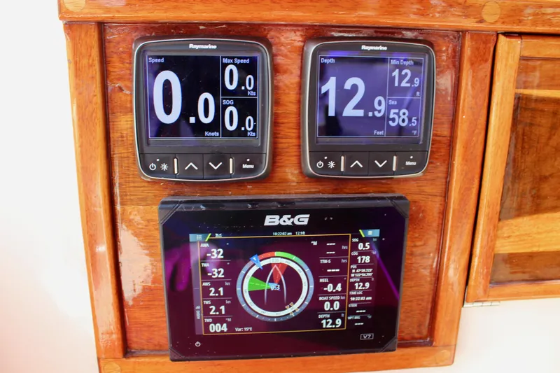 Slide: The Image of Navigation instruments on a 1981 Skookum 53 yacht dashboard, displaying speed and depth data. - 43