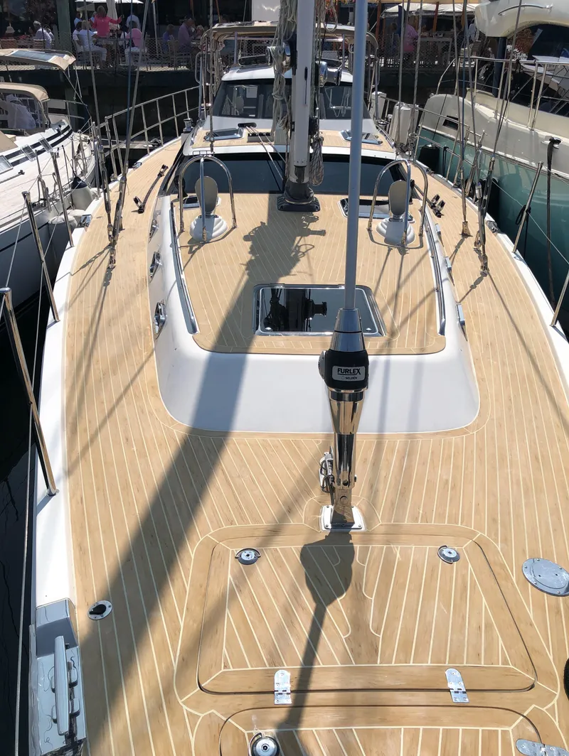 Slide: The Image of 2020 Bluewater 56 yacht deck with sleek design and modern fittings. - 22