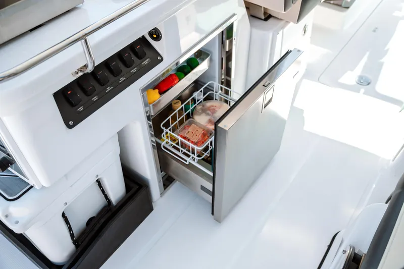 Slide: The Image of 2025 Blackfin 302 DC boat with open refrigerator, stocked with food and drinks. - 3