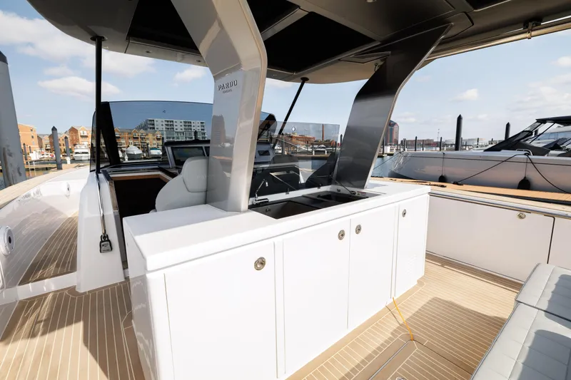 Slide: The Image of 2024 Pardo Yachts 43 model, luxury yacht deck with modern amenities. - 18