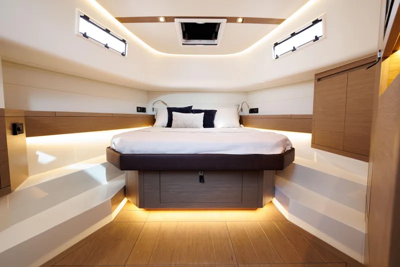 Slide: The Image of Luxurious cabin interior of 2024 Pardo Yachts 43 with modern design and ambient lighting. - 45