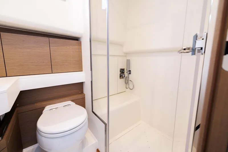 Slide: The Image of Modern bathroom in 2024 Pardo Yachts 43, featuring a sleek shower and compact toilet. - 49