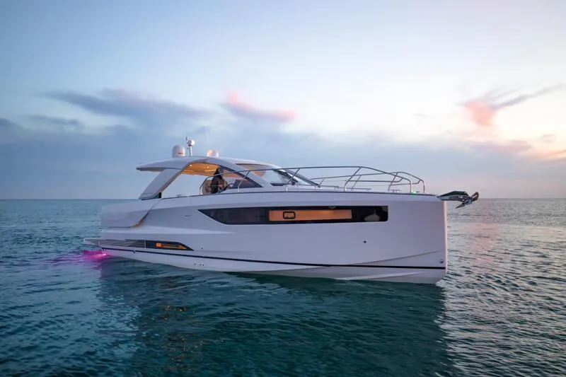 The Image of 2025 Jeanneau DB|43 Inboard yacht cruising at sunset. - 0