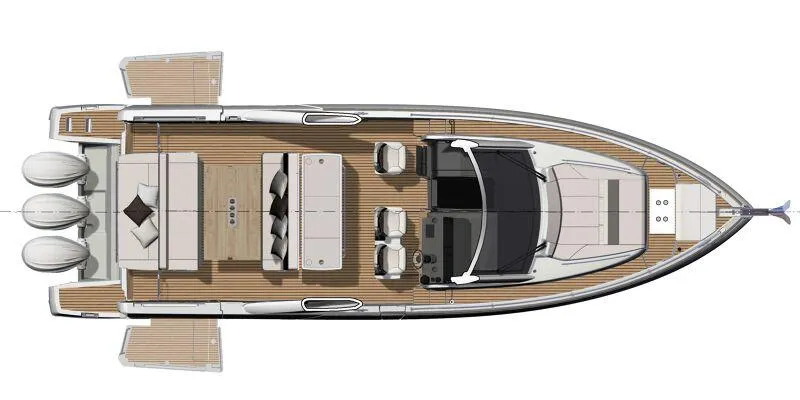 Slide: The Image of Top view of 2025 Jeanneau DB|43 Inboard luxury yacht with spacious deck layout. - 14