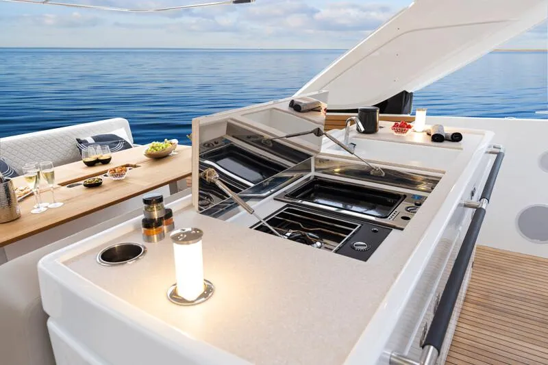 Slide: The Image of Luxury outdoor kitchen on Jeanneau DB|43 Inboard 2025 yacht with ocean view. - 9