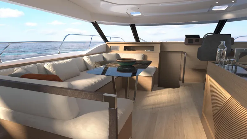 Slide: The Image of Luxurious interior of the 2025 Prestige M48 yacht with ocean view. - 11