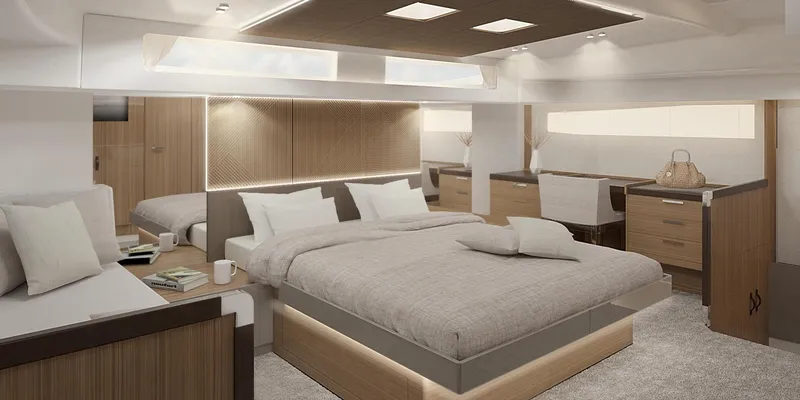 Slide: The Image of Luxurious bedroom interior of Prestige M48 yacht, 2025 model, featuring modern design and elegant furnishings. - 13