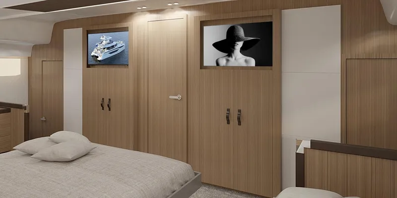 Slide: The Image of Luxurious Prestige M48 2025 yacht bedroom with modern wooden decor and stylish wall art. - 14