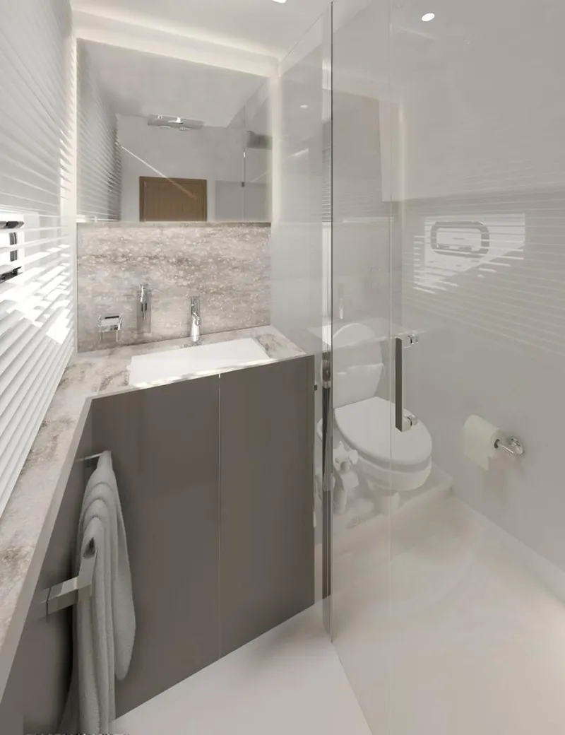 Slide: The Image of Modern bathroom in Prestige M48 yacht, 2025 model, featuring sleek design and glass shower enclosure. - 15