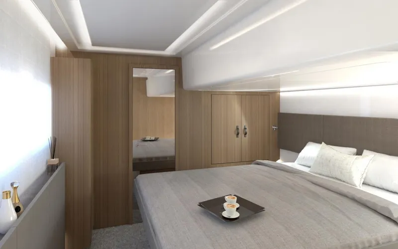 Slide: The Image of Luxurious bedroom interior of Prestige M48 yacht, 2025 model, featuring modern design and elegant decor. - 16