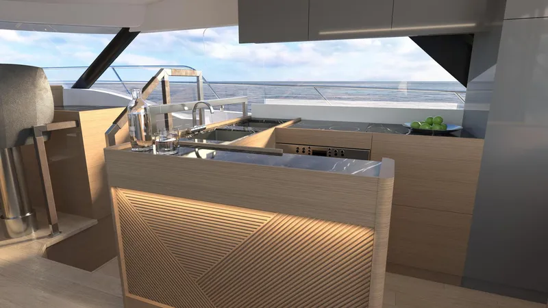 Slide: The Image of Modern kitchen area on the 2025 Prestige M48 yacht with ocean view. - 17