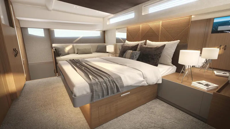 Slide: The Image of Luxurious bedroom interior of Prestige M48 2025 yacht with modern decor and ambient lighting. - 18