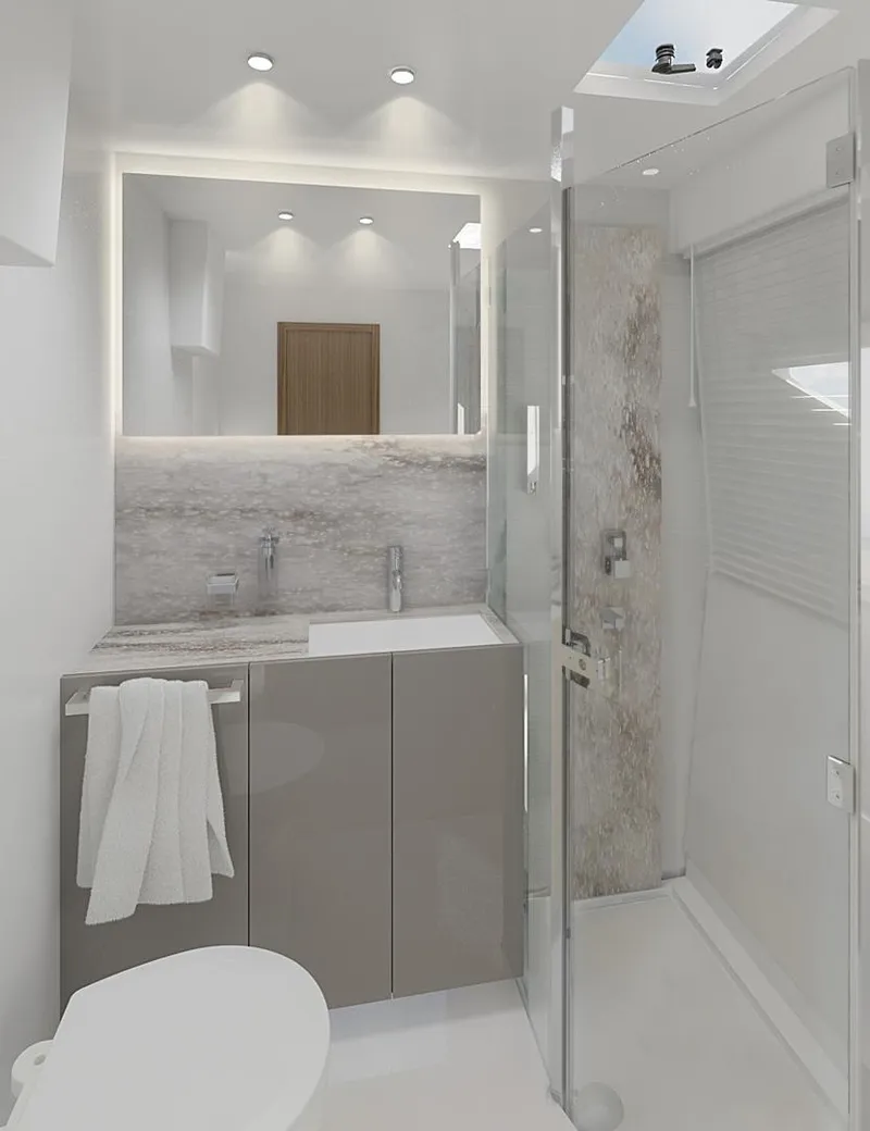 Slide: The Image of Modern bathroom in Prestige M48 yacht, 2025 model, featuring sleek design and glass shower enclosure. - 19