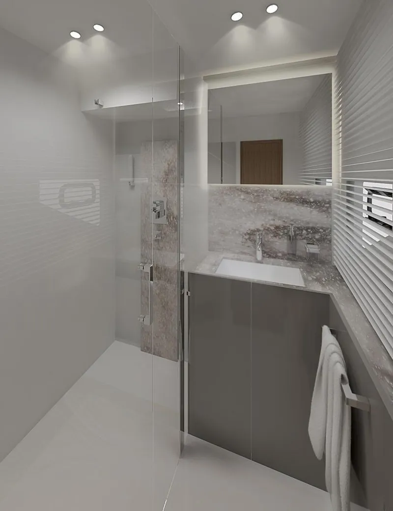 Slide: The Image of Modern bathroom with glass shower, sleek vanity, and ambient lighting in Prestige M48, 2025 model. - 20