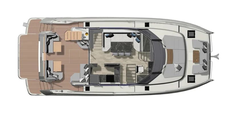 Slide: The Image of Top view of 2025 Prestige M48 yacht layout with spacious deck and modern interior. - 24