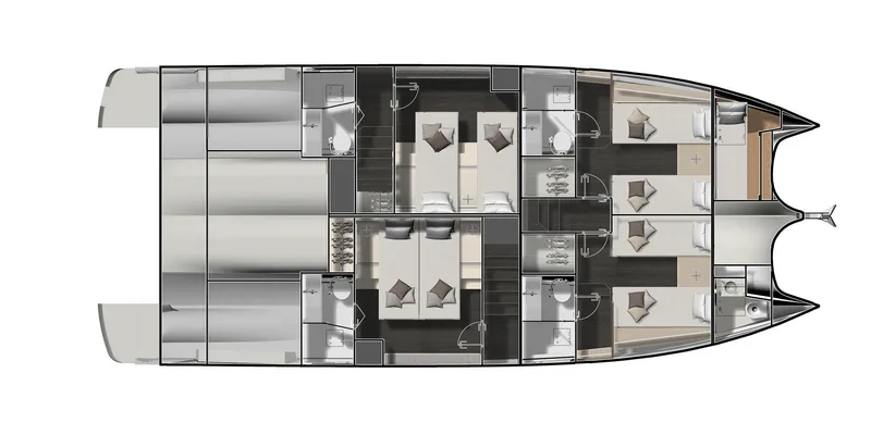 Slide: The Image of Top view of 2025 Prestige M48 yacht interior layout with multiple cabins and living spaces. - 26