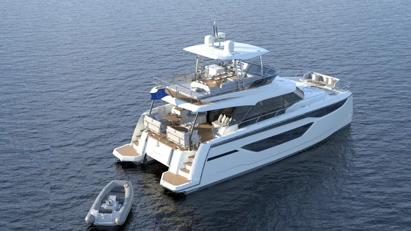 Slide: The Image of Prestige M48 2025 luxury yacht on calm water with a small dinghy. - 3