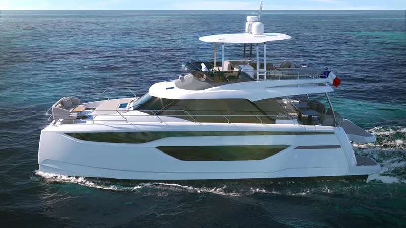 Slide: The Image of Prestige M48 2025 luxury yacht cruising on open water. - 4