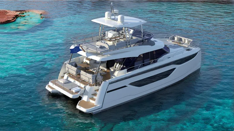 Slide: The Image of Prestige M48 2025 luxury yacht cruising in clear blue waters. - 7
