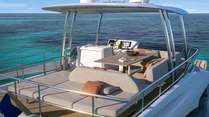 Slide: The Image of Prestige M48 2025 yacht with luxurious deck seating and ocean view. - 8