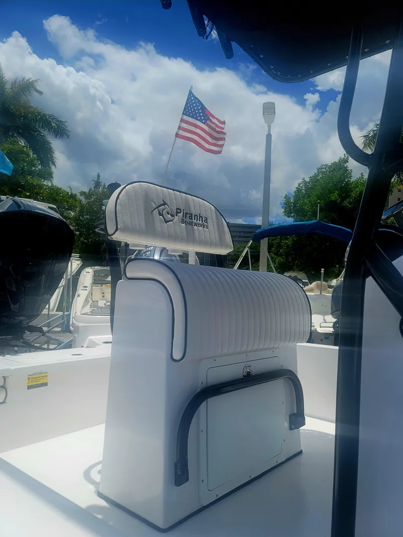 Slide: The Image of 2025 Piranha Casador B2200 boat with American flag, under a cloudy sky. - 20