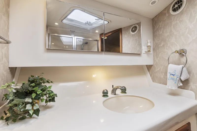 Slide: The Image of 2002 Cabo Convertible Painted boat bathroom with sink, mirror, and plant. - 38