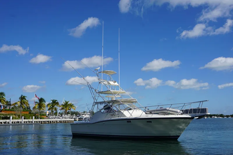 Slide: The Image of 1985 Hatteras 36 Convertible yacht on calm water with a tropical backdrop. - 11
