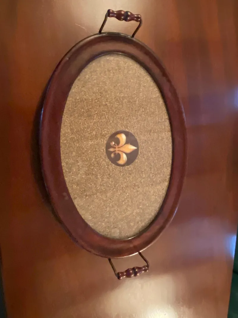 Slide: The Image of 1928 Elco Flat Top oval wooden tray with handles and fleur-de-lis design. - 45