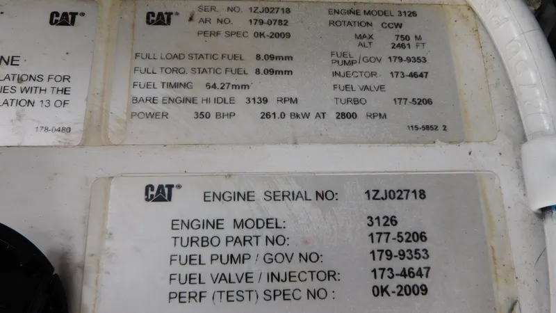 Slide: The Image of CAT engine specifications for Sea Ray 380 Sundancer, model 3126, serial 1ZJ02718, year 2002. - 20