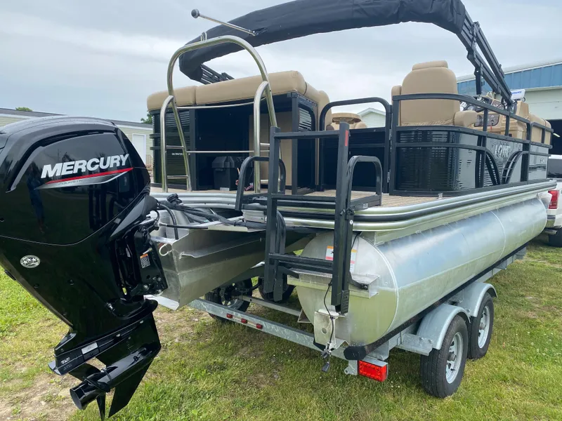 Slide: The Image of 2020 Lowe SS 190 Pontoon boat with Mercury outboard motor on trailer. - 3
